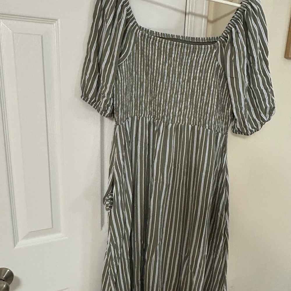 Maurice’s Olive Green Striped Smocked Puff Sleeve Mini Dress